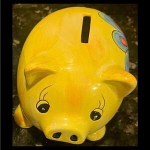 Vintage pottery piggy bank yellow with flowers